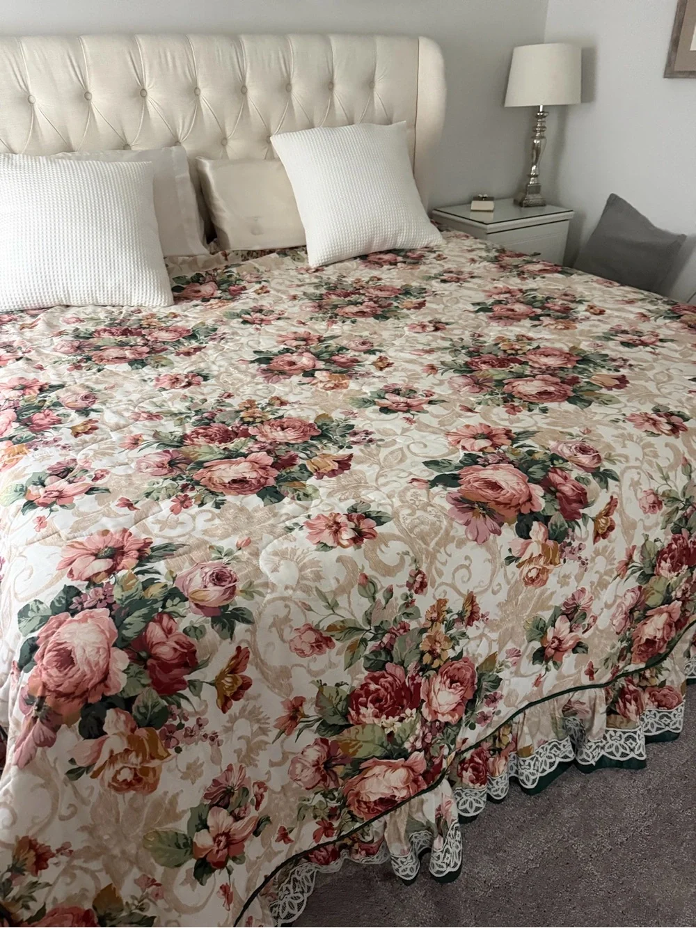 Floral Quilted Bedspread Garden Pink Red Cream Cal King Country Farmhouse